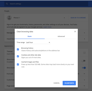 Clear browsing data screen in Google Chrome